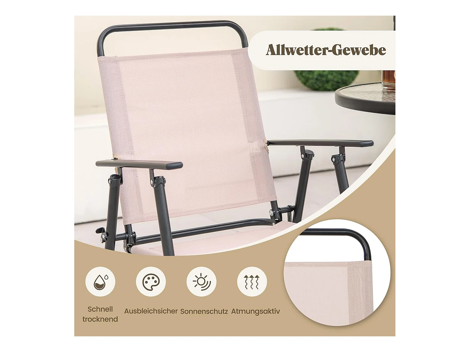 Bistrotafel met 2 inklapbare stoelen en parasol, 4-delige balkonmeubels, balkonset, tuinmeubelset, zitgroep, tuingarnituur voor tuin, balkon, zwembad, beige ZB33570