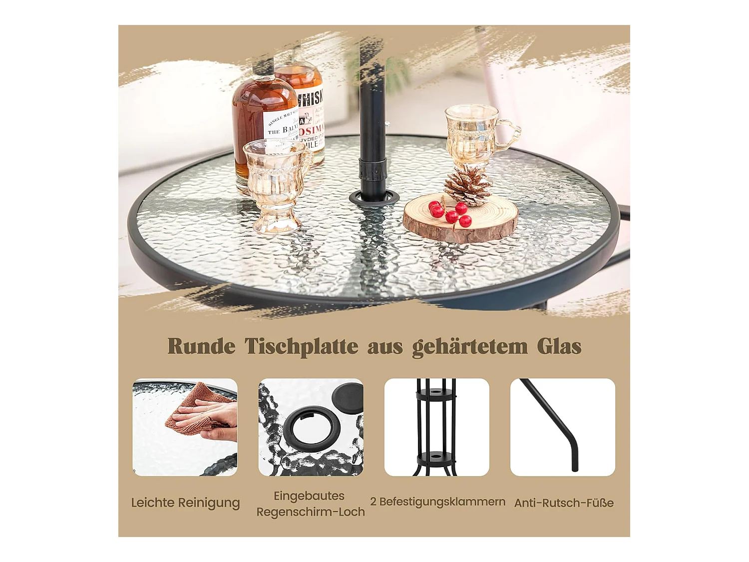 Bistrotafel met 2 inklapbare stoelen en parasol, 4-delige balkonmeubels, balkonset, tuinmeubelset, zitgroep, tuingarnituur voor tuin, balkon, zwembad, beige ZB33570