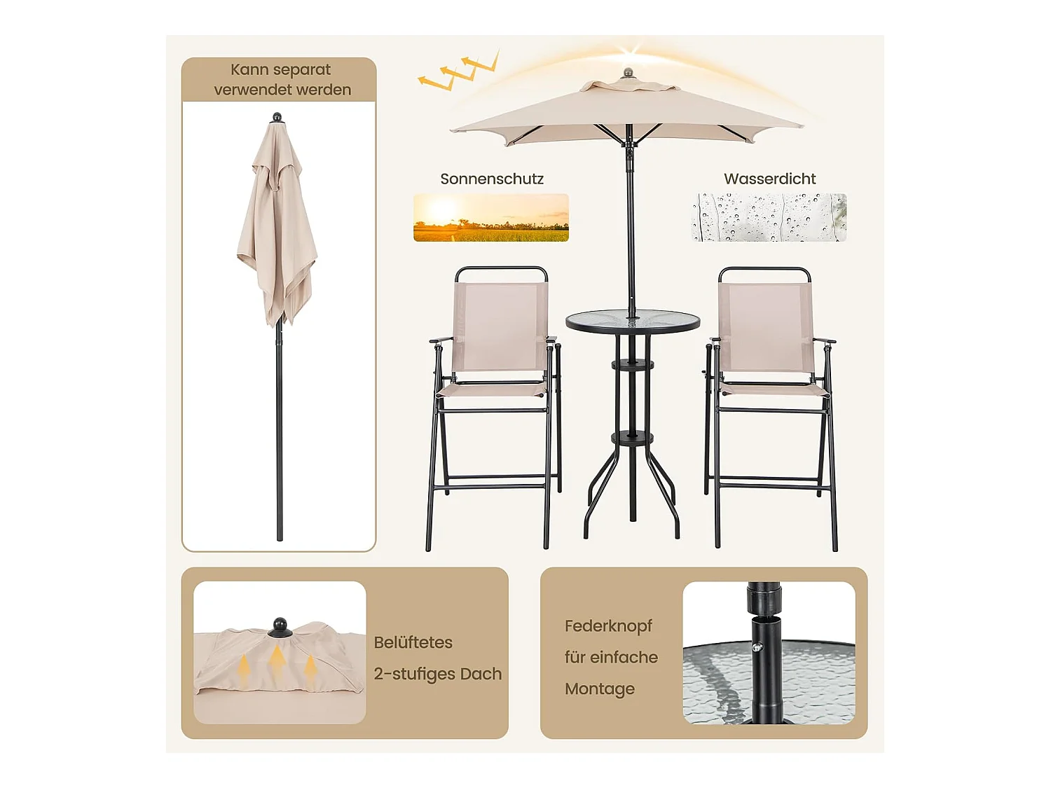 Bistrotafel met 2 inklapbare stoelen en parasol, 4-delige balkonmeubels, balkonset, tuinmeubelset, zitgroep, tuingarnituur voor tuin, balkon, zwembad, beige ZB33570