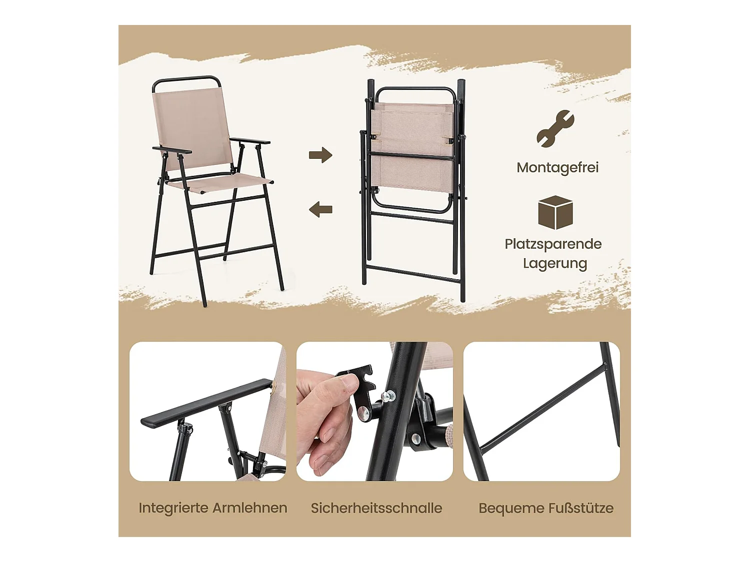 Bistrotafel met 2 inklapbare stoelen en parasol, 4-delige balkonmeubels, balkonset, tuinmeubelset, zitgroep, tuingarnituur voor tuin, balkon, zwembad, beige ZB33570