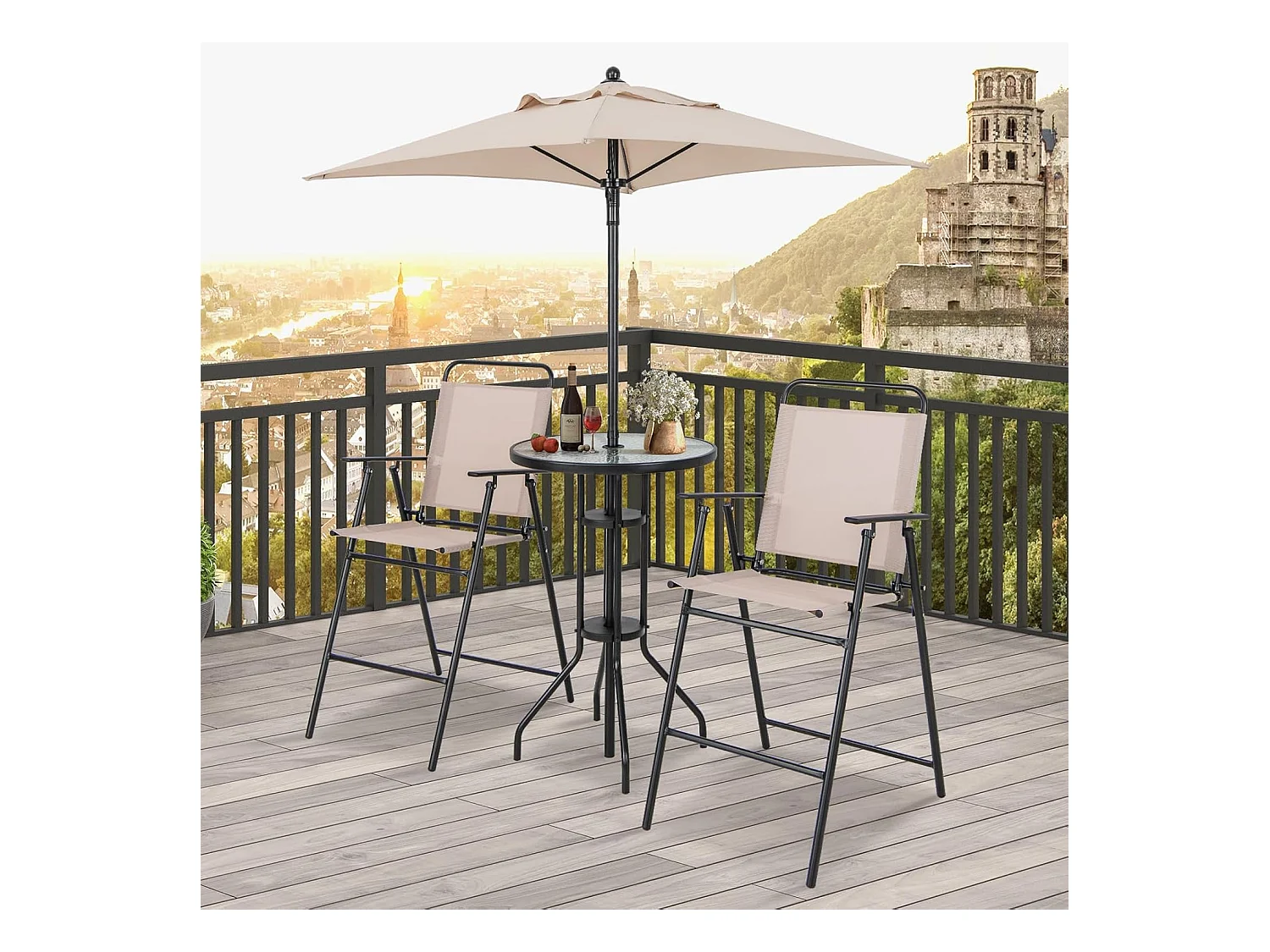 Bistrotafel met 2 inklapbare stoelen en parasol, 4-delige balkonmeubels, balkonset, tuinmeubelset, zitgroep, tuingarnituur voor tuin, balkon, zwembad, beige ZB33570