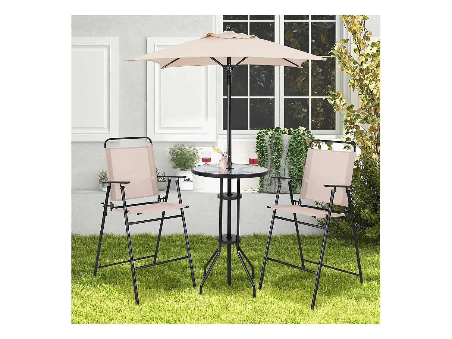 Bistrotafel met 2 inklapbare stoelen en parasol, 4-delige balkonmeubels, balkonset, tuinmeubelset, zitgroep, tuingarnituur voor tuin, balkon, zwembad, beige ZB33570