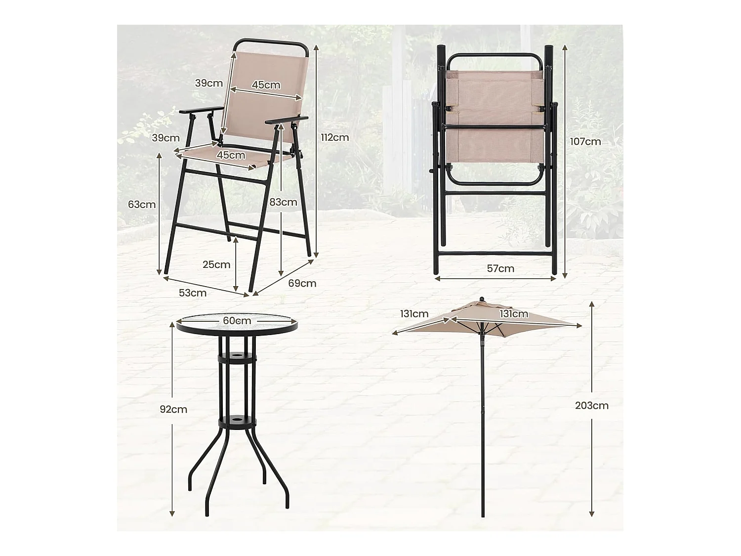 Bistrotafel met 2 inklapbare stoelen en parasol, 4-delige balkonmeubels, balkonset, tuinmeubelset, zitgroep, tuingarnituur voor tuin, balkon, zwembad, beige ZB33570