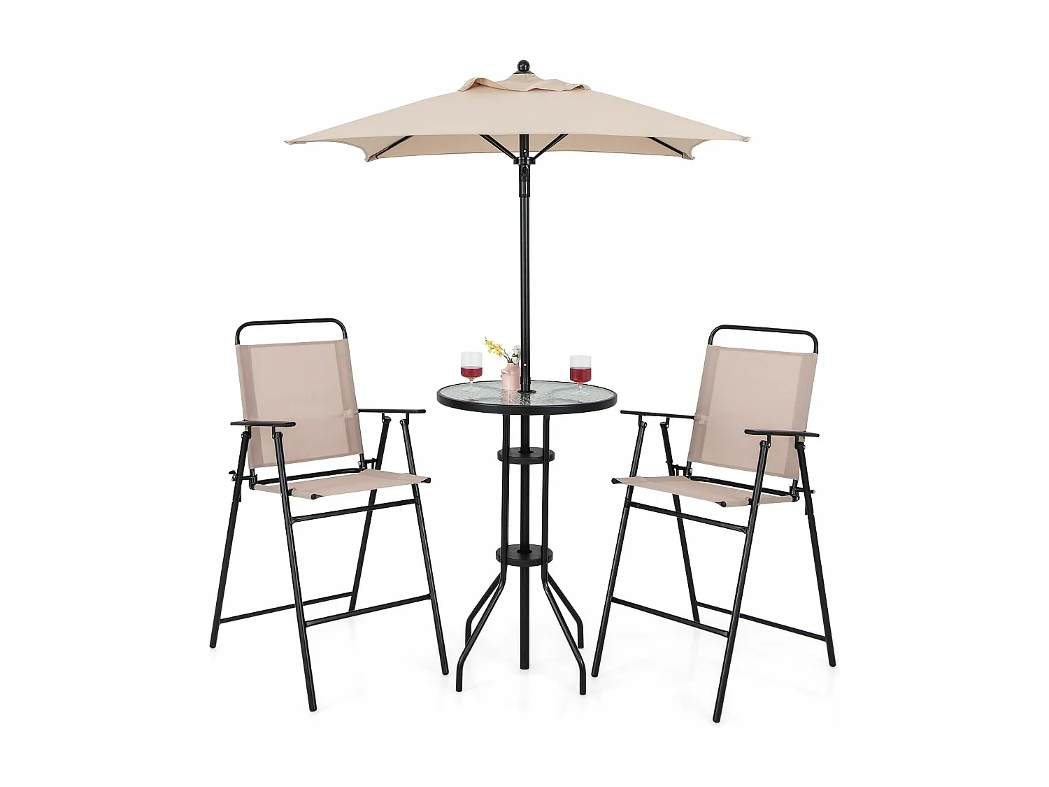 Bistrotafel met 2 inklapbare stoelen en parasol, 4-delige balkonmeubels, balkonset, tuinmeubelset, zitgroep, tuingarnituur voor tuin, balkon, zwembad, beige ZB33570