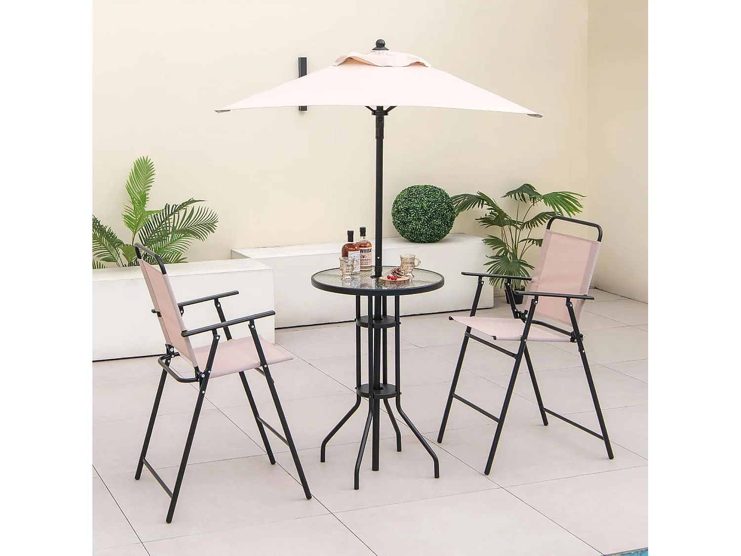 Bistrotafel met 2 inklapbare stoelen en parasol, 4-delige balkonmeubels, balkonset, tuinmeubelset, zitgroep, tuingarnituur voor tuin, balkon, zwembad, beige ZB33570