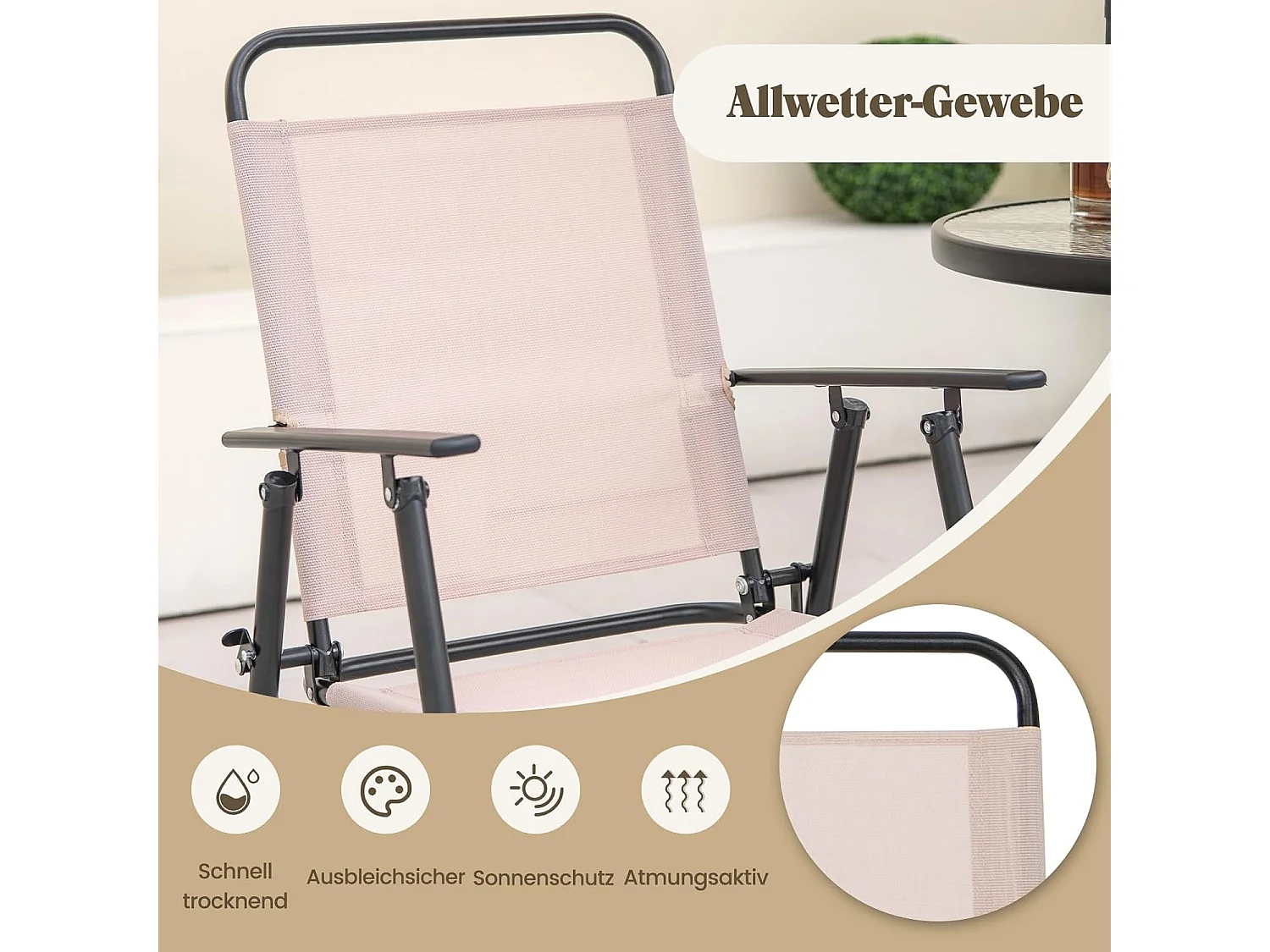 Bistrotafel met 2 inklapbare stoelen en parasol, 4-delige balkonmeubels, balkonset, tuinmeubelset, zitgroep, tuingarnituur voor tuin, balkon, zwembad, beige ZB33570