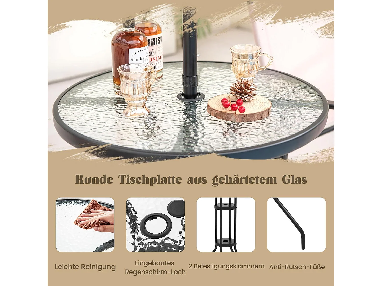 Bistrotafel met 2 inklapbare stoelen en parasol, 4-delige balkonmeubels, balkonset, tuinmeubelset, zitgroep, tuingarnituur voor tuin, balkon, zwembad, beige ZB33570