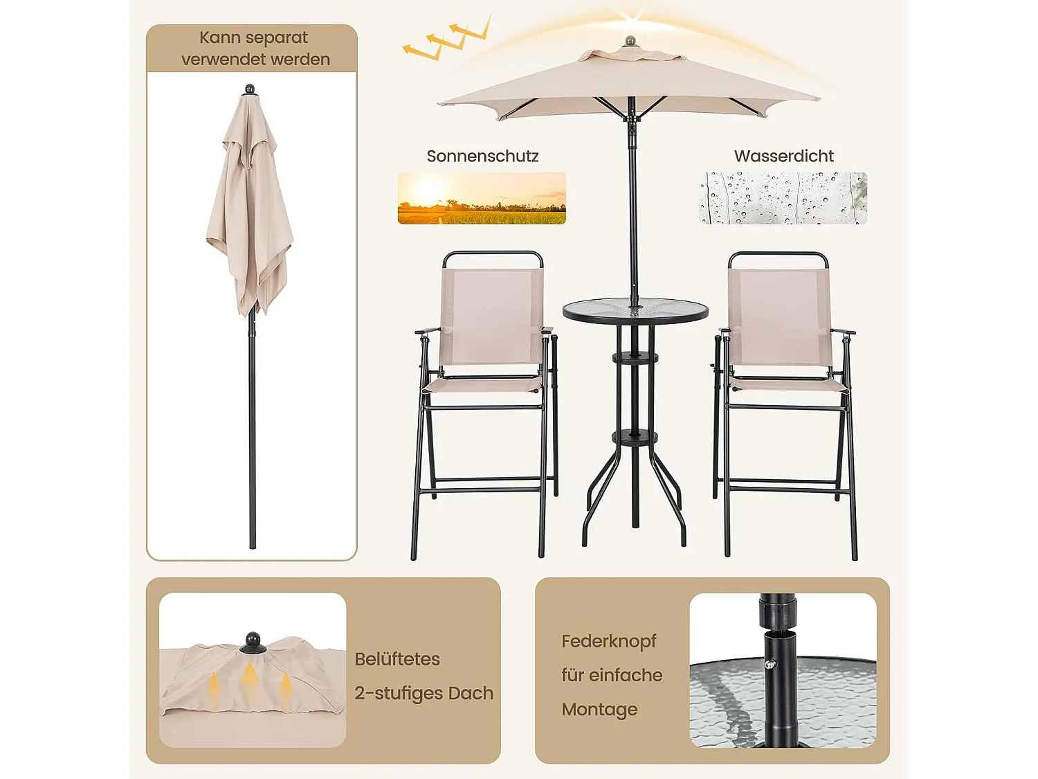 Bistrotafel met 2 inklapbare stoelen en parasol, 4-delige balkonmeubels, balkonset, tuinmeubelset, zitgroep, tuingarnituur voor tuin, balkon, zwembad, beige ZB33570