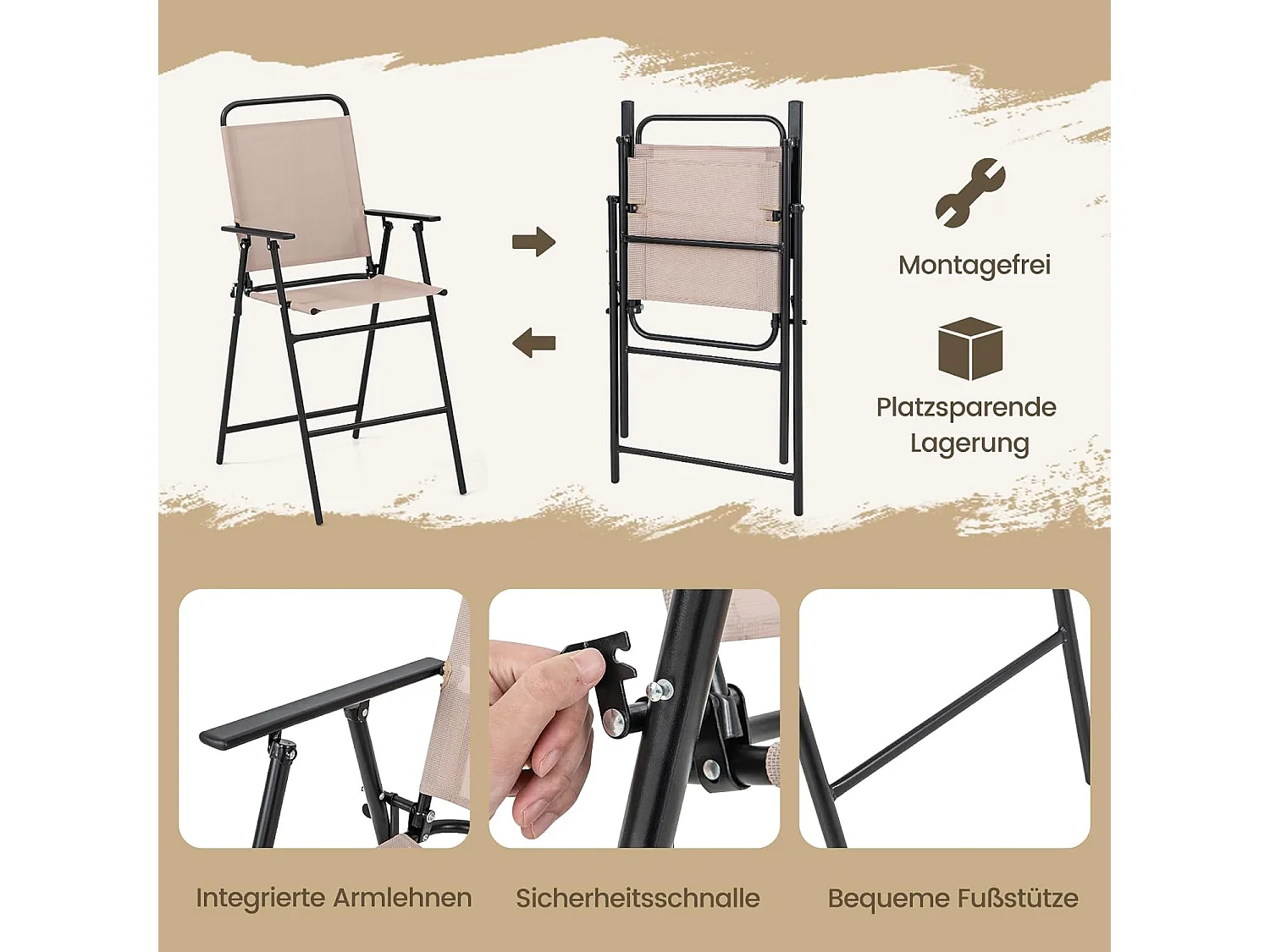 Bistrotafel met 2 inklapbare stoelen en parasol, 4-delige balkonmeubels, balkonset, tuinmeubelset, zitgroep, tuingarnituur voor tuin, balkon, zwembad, beige ZB33570