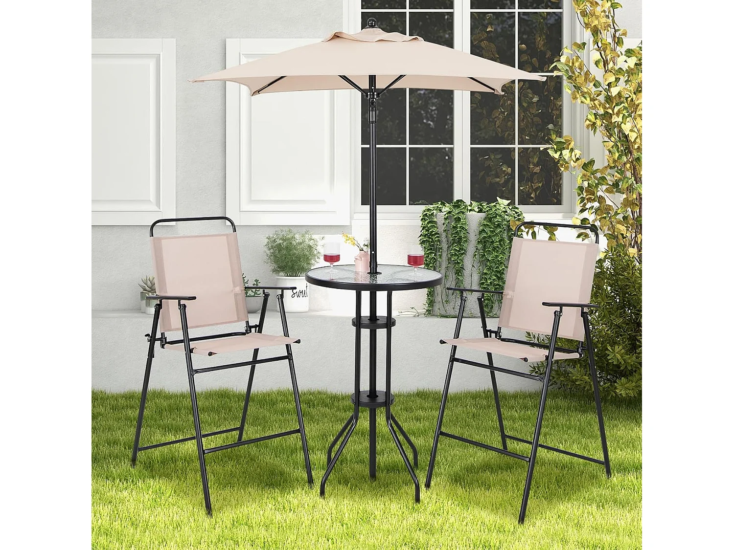 Bistrotafel met 2 inklapbare stoelen en parasol, 4-delige balkonmeubels, balkonset, tuinmeubelset, zitgroep, tuingarnituur voor tuin, balkon, zwembad, beige ZB33570