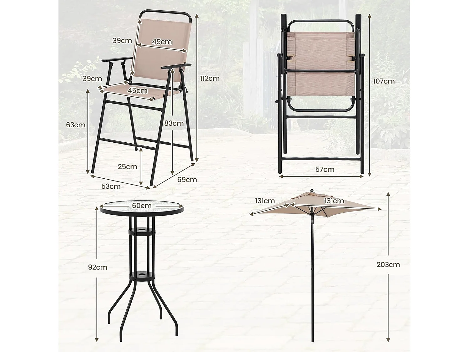 Bistrotafel met 2 inklapbare stoelen en parasol, 4-delige balkonmeubels, balkonset, tuinmeubelset, zitgroep, tuingarnituur voor tuin, balkon, zwembad, beige ZB33570