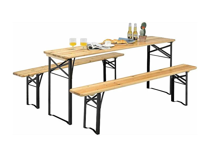 3-delige biertentgarnituur, picknicktafel met 2 zitbanken, campingtafelset met metalen frame, feesttentgarnituur voor terras, tuin, 178x46x76 cm