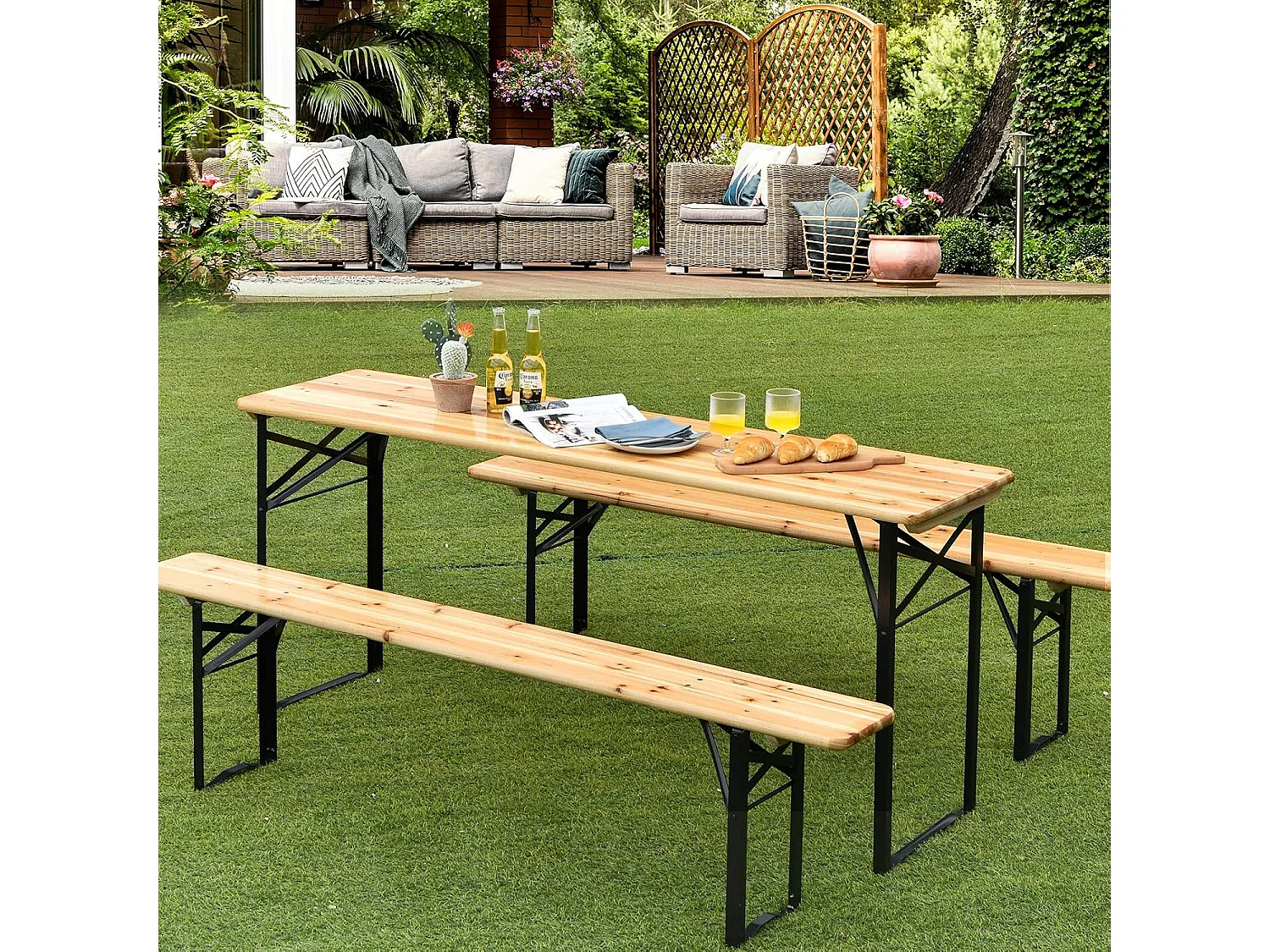 3-delige biertentgarnituur, picknicktafel met 2 zitbanken, campingtafelset met metalen frame, feesttentgarnituur voor terras, tuin, 178x46x76 cm