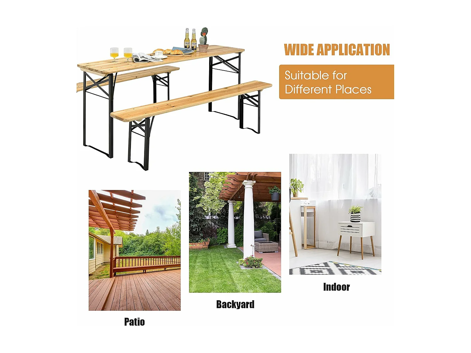 3-delige biertentgarnituur, picknicktafel met 2 zitbanken, campingtafelset met metalen frame, feesttentgarnituur voor terras, tuin, 178x46x76 cm