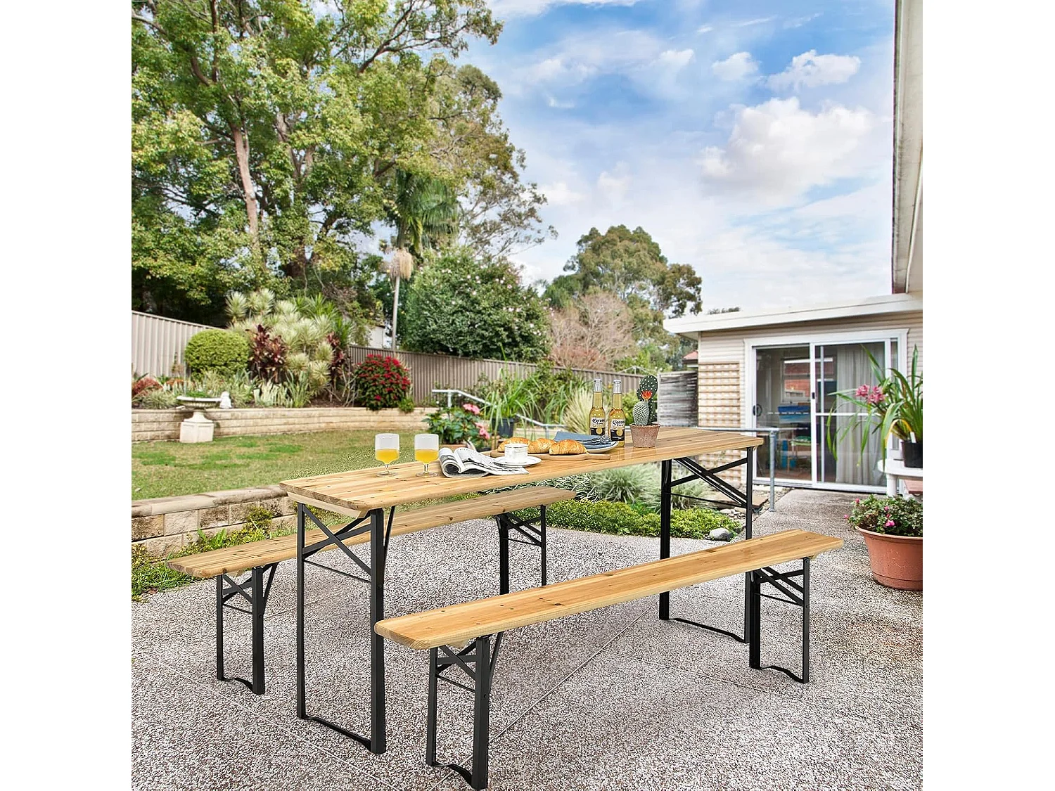 3-delige biertentgarnituur, picknicktafel met 2 zitbanken, campingtafelset met metalen frame, feesttentgarnituur voor terras, tuin, 178x46x76 cm