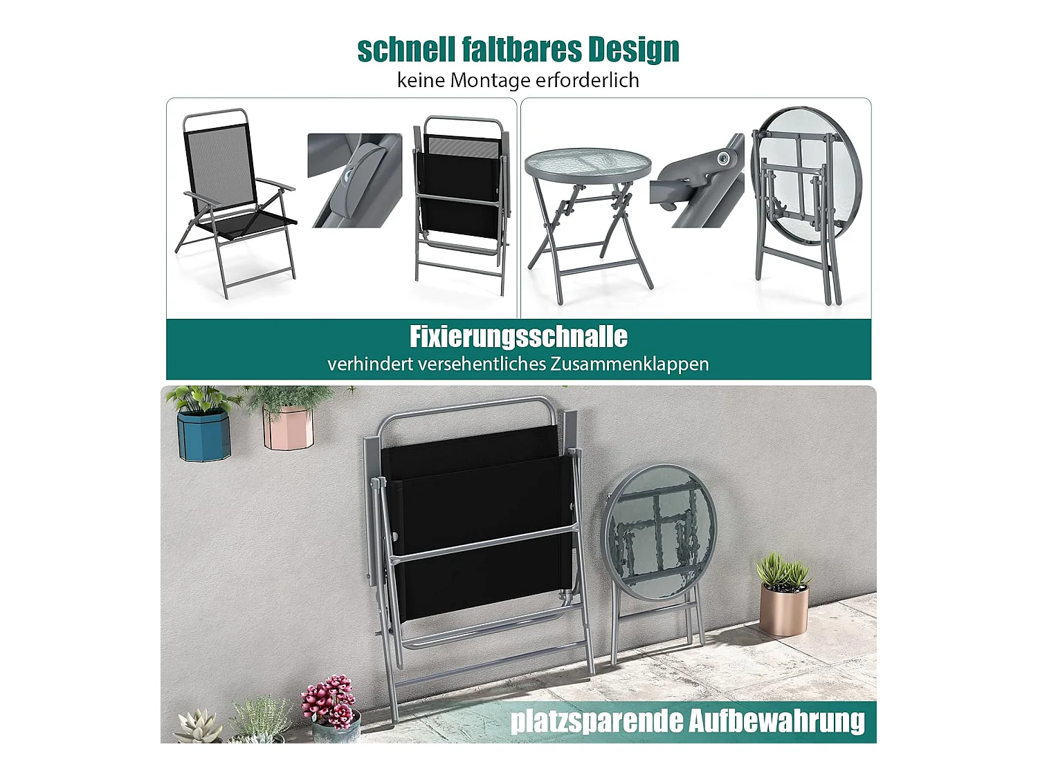 Bistrotafel met 2 stoelen, inklapbare balkonset, 3-delige tuinmeubelset, lage zithoogte, zitgroep, balkonmeubel, tuinmeubelen voor tuin, binnenplaats, balkon