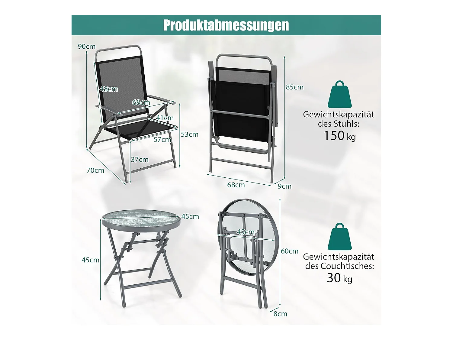 Bistrotafel met 2 stoelen, inklapbare balkonset, 3-delige tuinmeubelset, lage zithoogte, zitgroep, balkonmeubel, tuinmeubelen voor tuin, binnenplaats, balkon