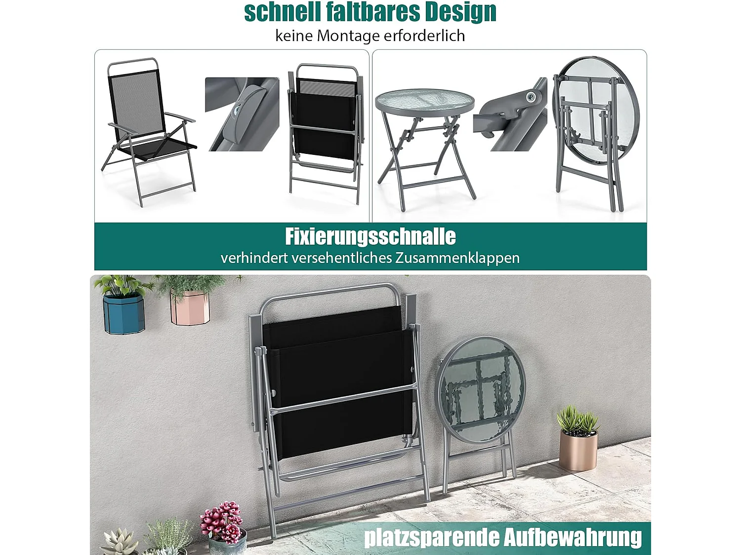 Bistrotafel met 2 stoelen, inklapbare balkonset, 3-delige tuinmeubelset, lage zithoogte, zitgroep, balkonmeubel, tuinmeubelen voor tuin, binnenplaats, balkon