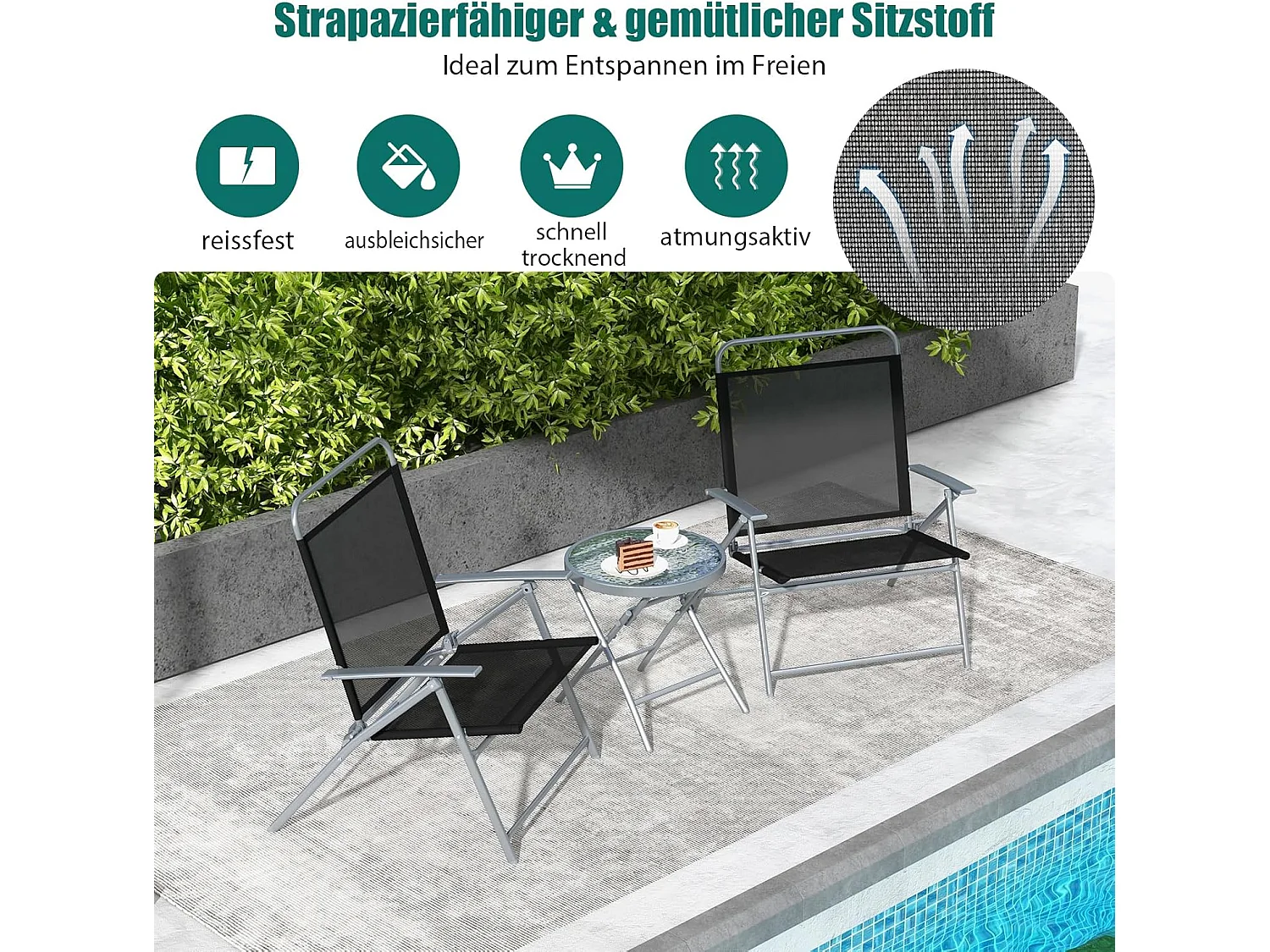 Bistrotafel met 2 stoelen, inklapbare balkonset, 3-delige tuinmeubelset, lage zithoogte, zitgroep, balkonmeubel, tuinmeubelen voor tuin, binnenplaats, balkon