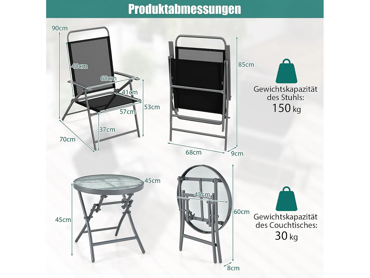 Bistrotafel met 2 stoelen, inklapbare balkonset, 3-delige tuinmeubelset, lage zithoogte, zitgroep, balkonmeubel, tuinmeubelen voor tuin, binnenplaats, balkon