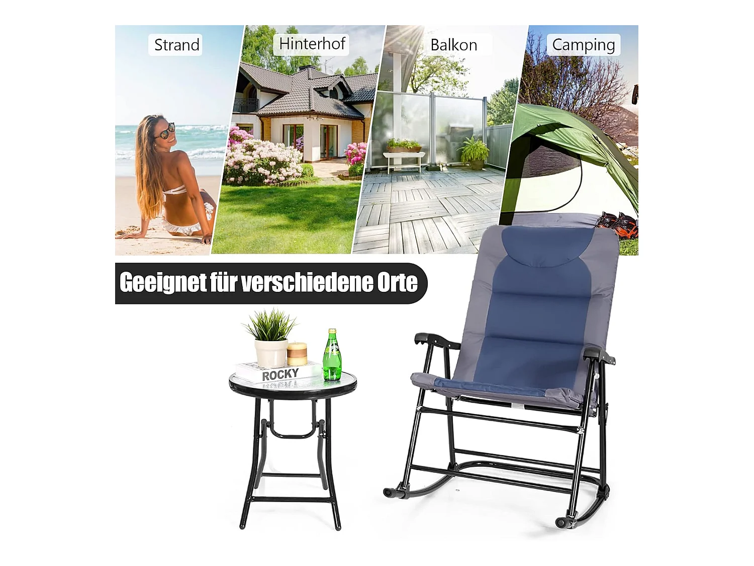 3-delige schommelligstoel, ligstoelen met bijzettafel, tuinligstoel, bistroset, ligstoel voor balkon, camping, tuin (blauw)AB5850