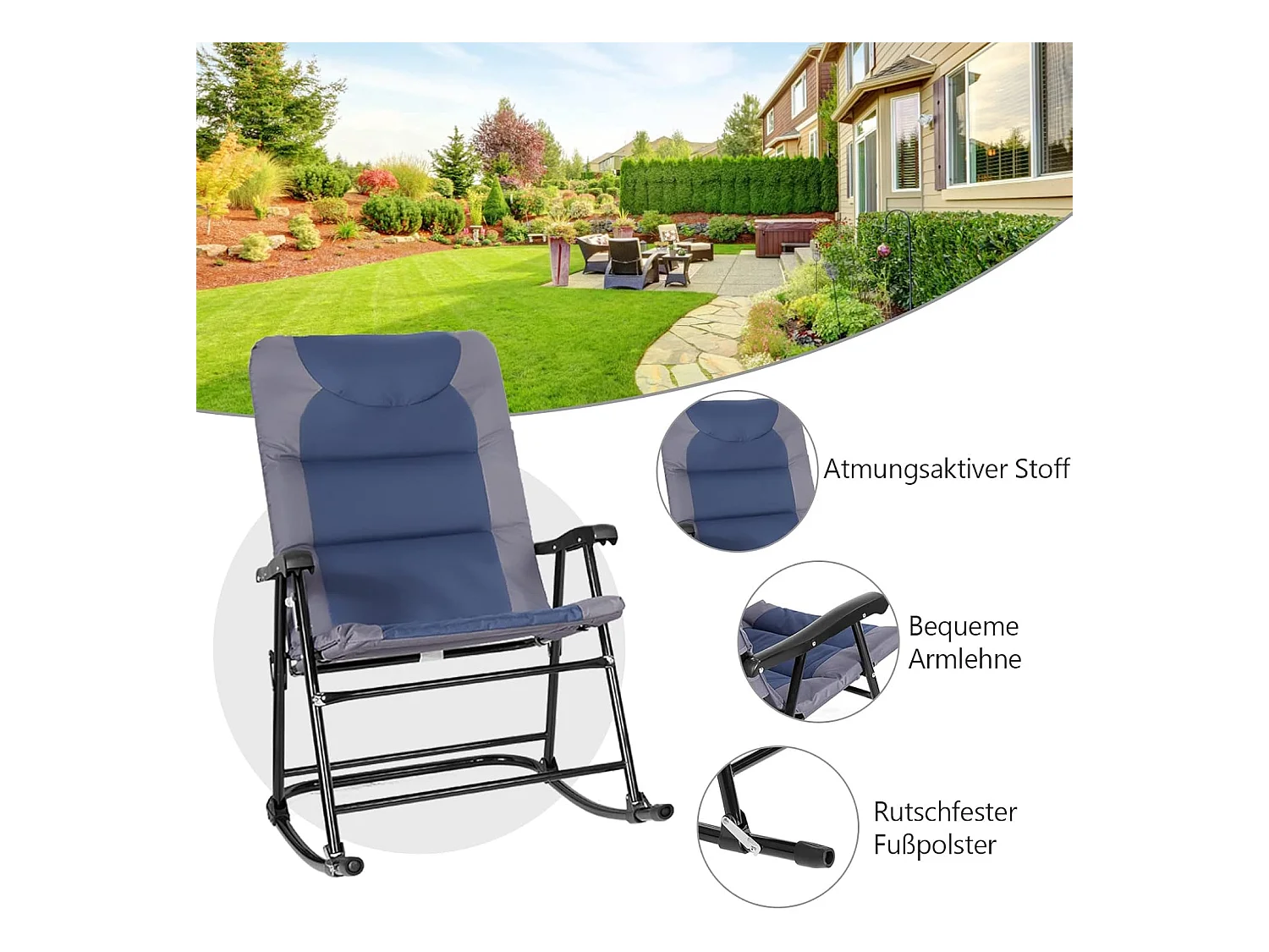 3-delige schommelligstoel, ligstoelen met bijzettafel, tuinligstoel, bistroset, ligstoel voor balkon, camping, tuin (blauw)AB5850