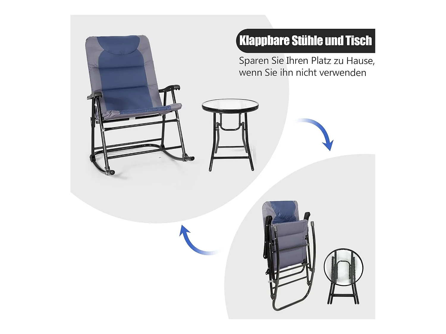 3-delige schommelligstoel, ligstoelen met bijzettafel, tuinligstoel, bistroset, ligstoel voor balkon, camping, tuin (blauw)AB5850