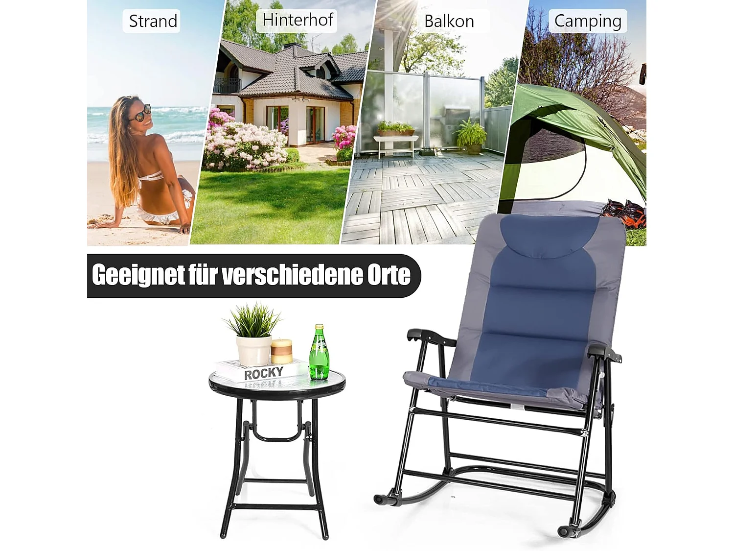 3-delige schommelligstoel, ligstoelen met bijzettafel, tuinligstoel, bistroset, ligstoel voor balkon, camping, tuin (blauw)AB5850