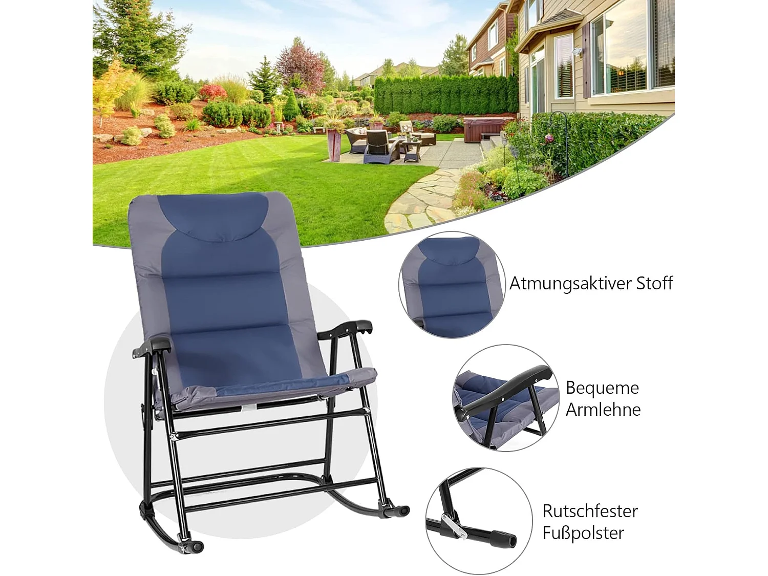 3-delige schommelligstoel, ligstoelen met bijzettafel, tuinligstoel, bistroset, ligstoel voor balkon, camping, tuin (blauw)AB5850