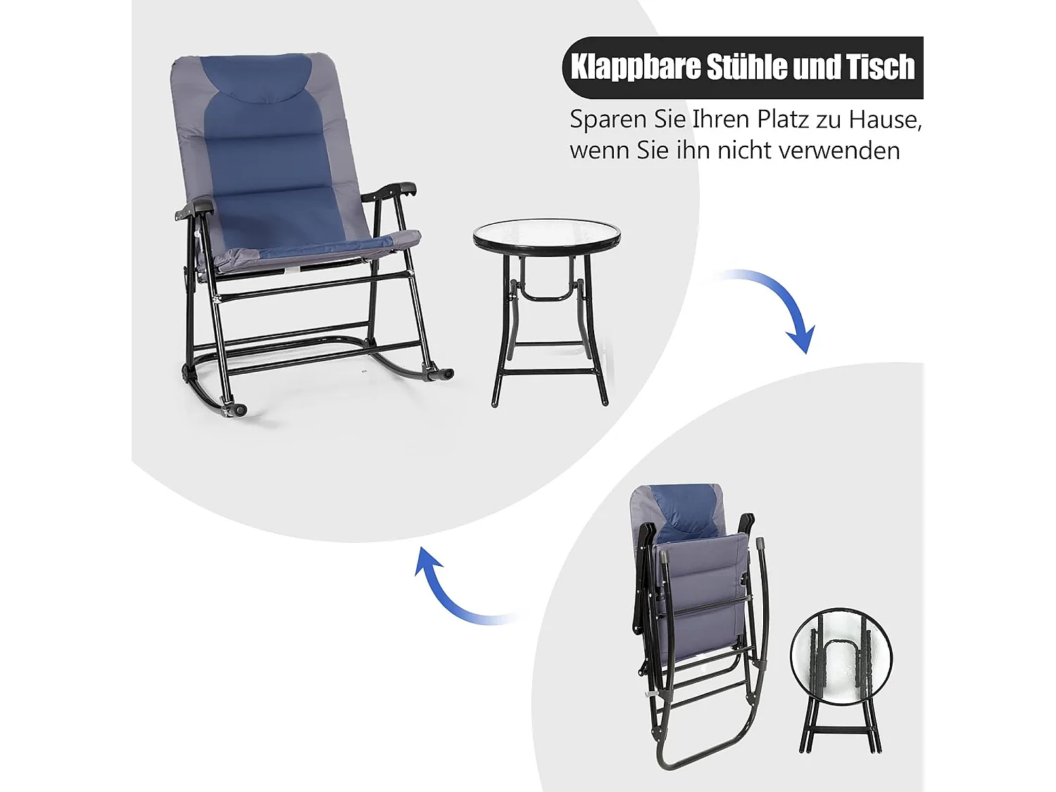 3-delige schommelligstoel, ligstoelen met bijzettafel, tuinligstoel, bistroset, ligstoel voor balkon, camping, tuin (blauw)AB5850