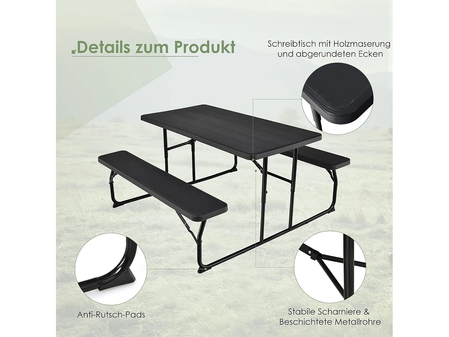 Inklapbare picknicktafel met banken, 136 cm, campingtafelset voor buiten, biertentgarnituur, biertafelgarnituur voor terras, tuin (zwart)AB92894