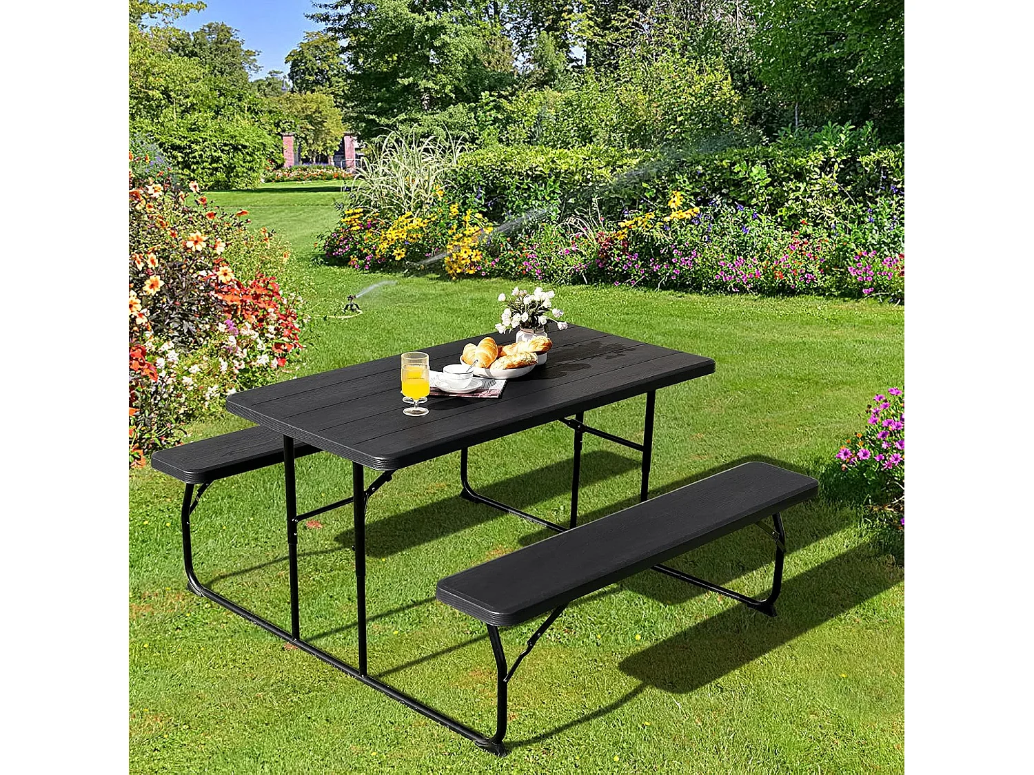 Inklapbare picknicktafel met banken, 136 cm, campingtafelset voor buiten, biertentgarnituur, biertafelgarnituur voor terras, tuin (zwart)AB92894