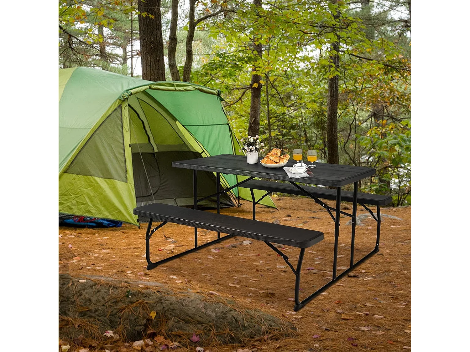 Inklapbare picknicktafel met banken, 136 cm, campingtafelset voor buiten, biertentgarnituur, biertafelgarnituur voor terras, tuin (zwart)AB92894