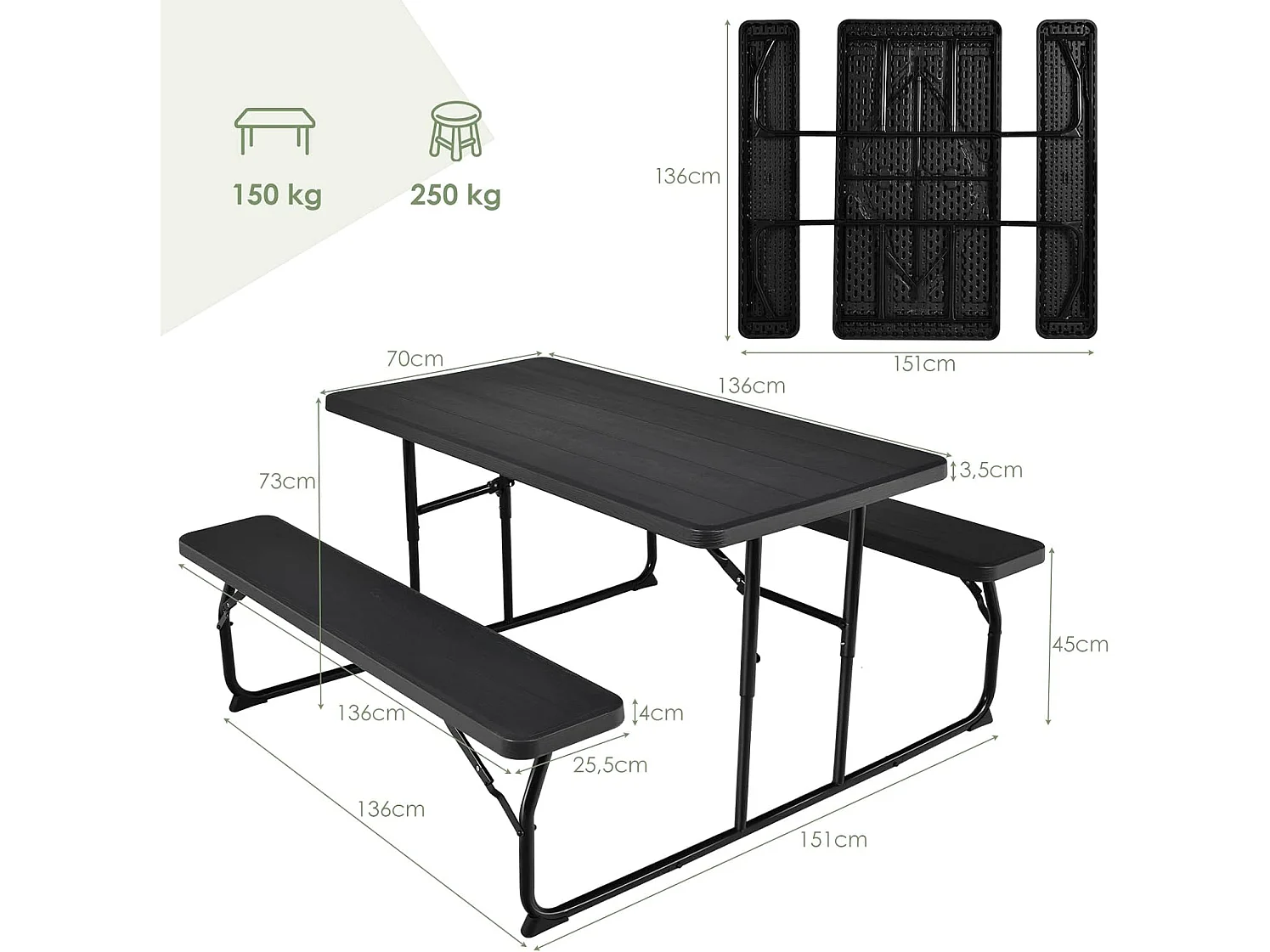 Inklapbare picknicktafel met banken, 136 cm, campingtafelset voor buiten, biertentgarnituur, biertafelgarnituur voor terras, tuin (zwart)AB92894