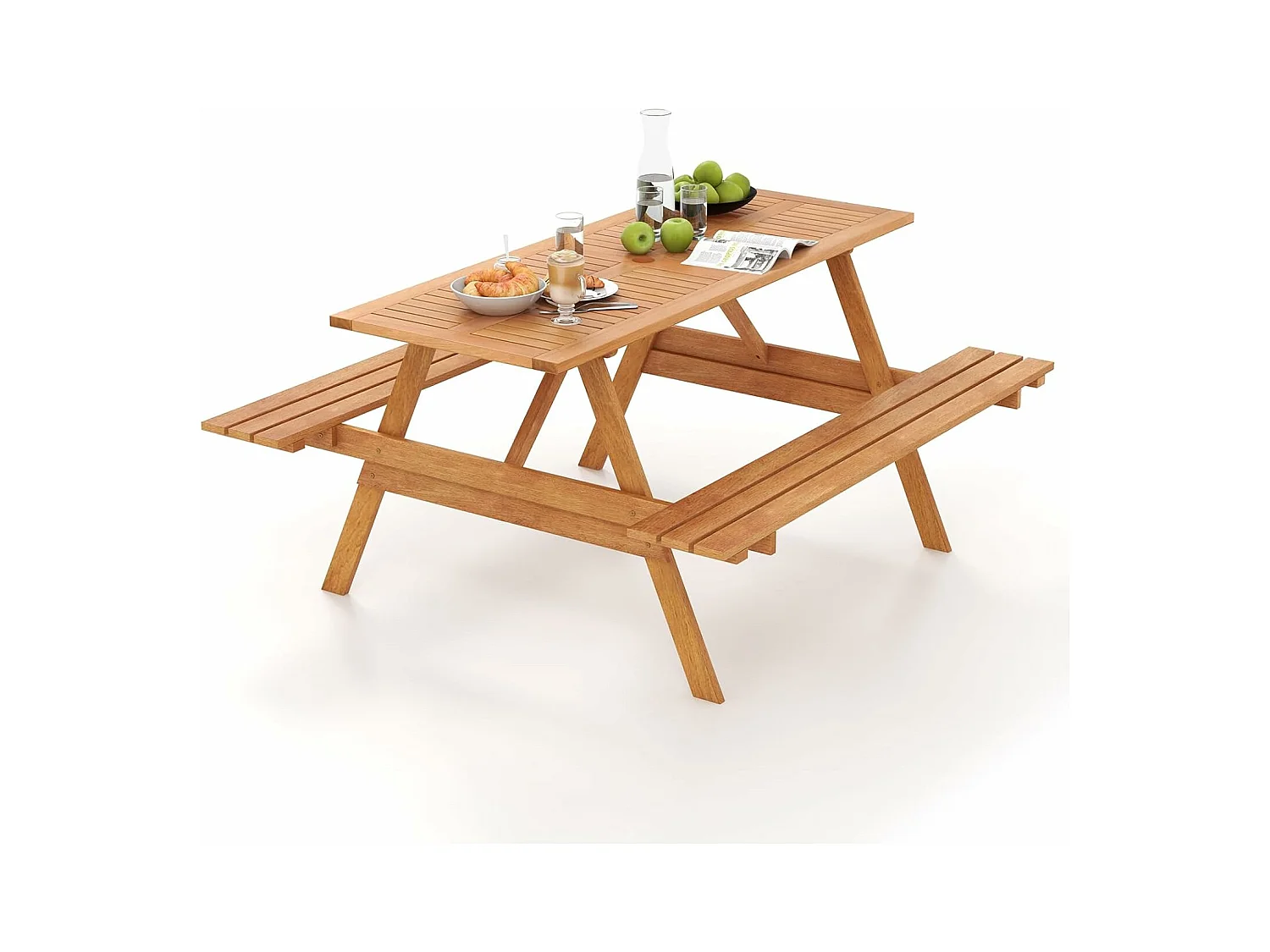 Picknicktafel voor 6 personen, rechthoekige tuintafel met 2 geïntegreerde banken en parasolgat, zitgroep voor achtertuin, terras