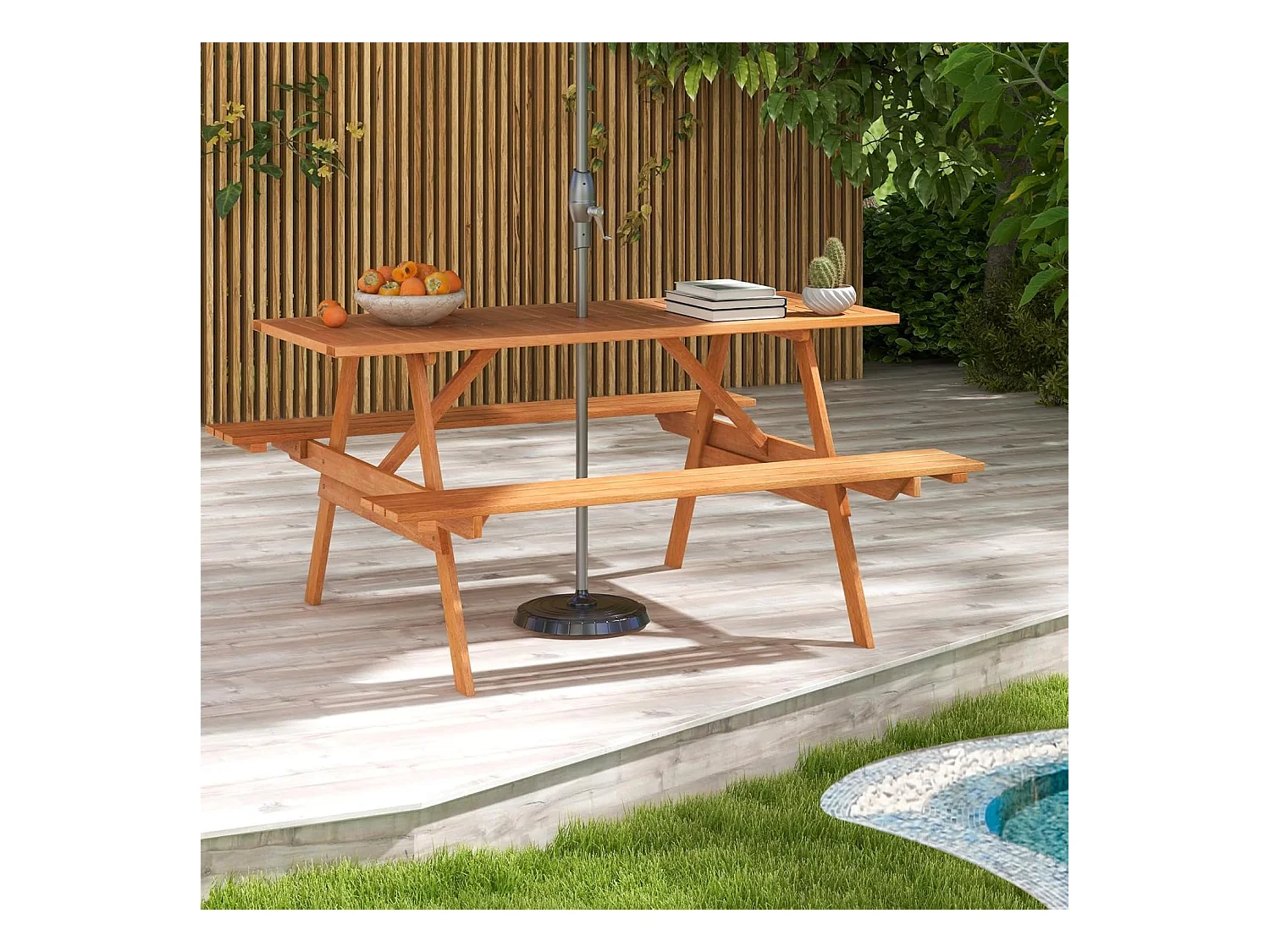 Picknicktafel voor 6 personen, rechthoekige tuintafel met 2 geïntegreerde banken en parasolgat, zitgroep voor achtertuin, terras