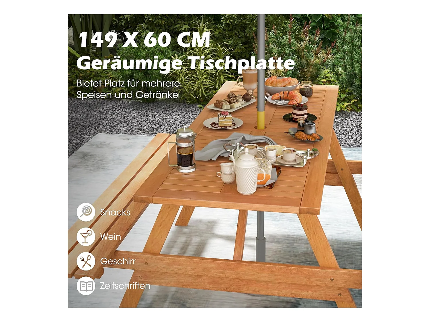Picknicktafel voor 6 personen, rechthoekige tuintafel met 2 geïntegreerde banken en parasolgat, zitgroep voor achtertuin, terras
