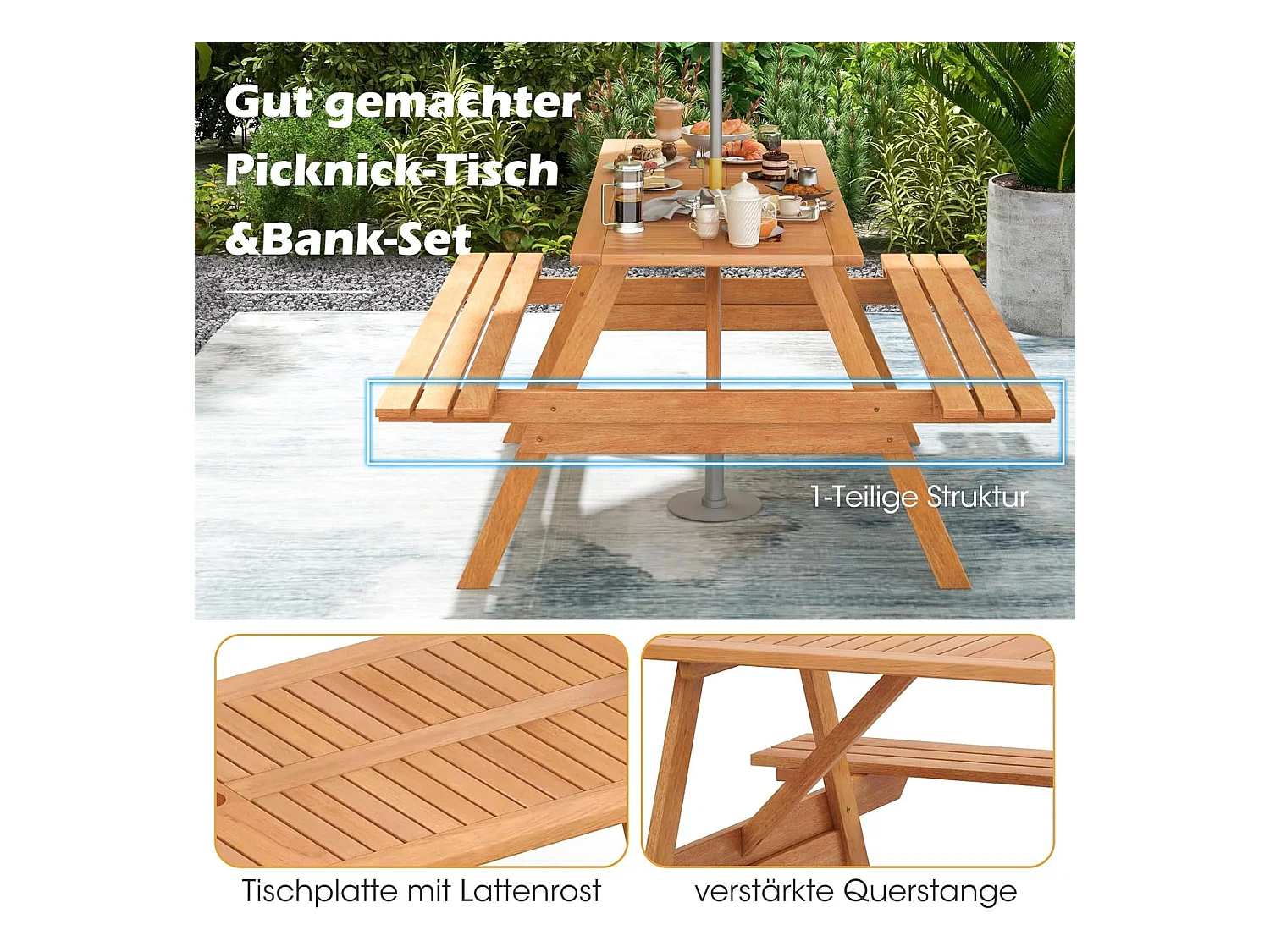 Picknicktafel voor 6 personen, rechthoekige tuintafel met 2 geïntegreerde banken en parasolgat, zitgroep voor achtertuin, terras