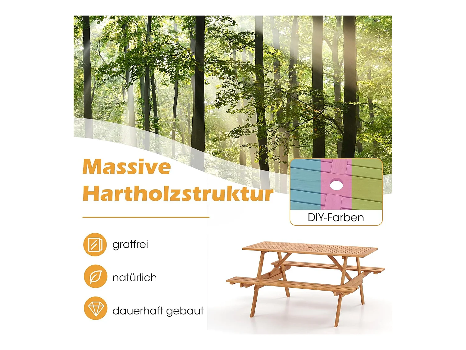 Picknicktafel voor 6 personen, rechthoekige tuintafel met 2 geïntegreerde banken en parasolgat, zitgroep voor achtertuin, terras