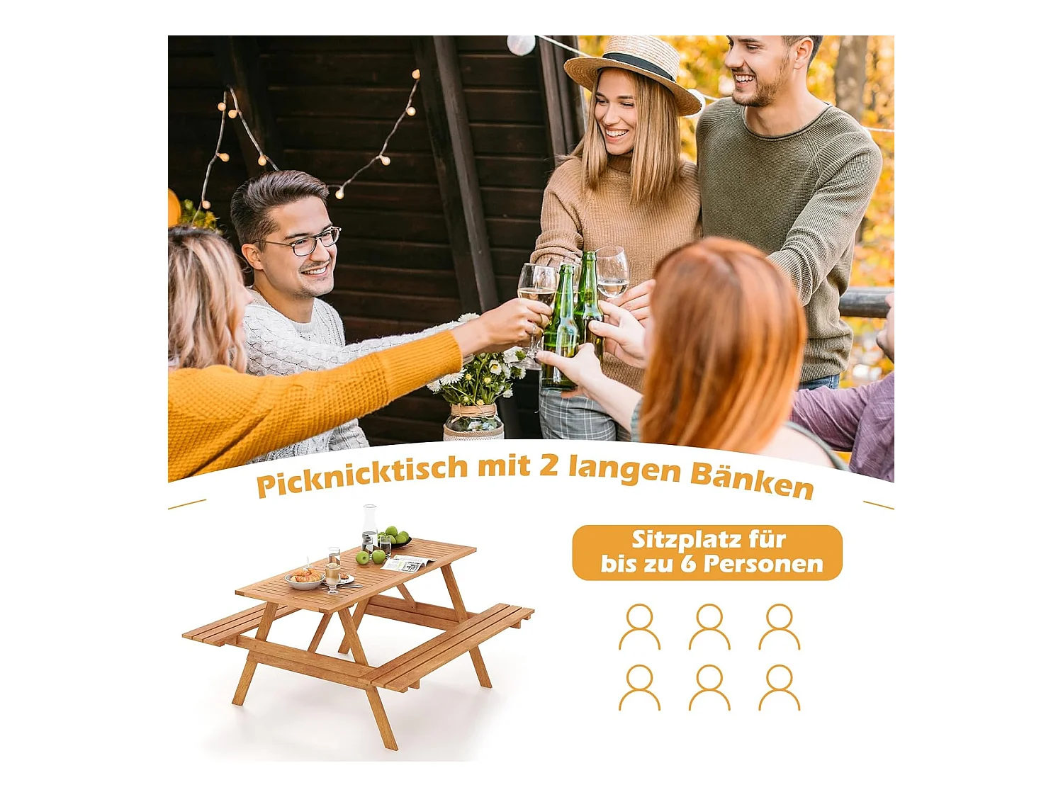 Picknicktafel voor 6 personen, rechthoekige tuintafel met 2 geïntegreerde banken en parasolgat, zitgroep voor achtertuin, terras