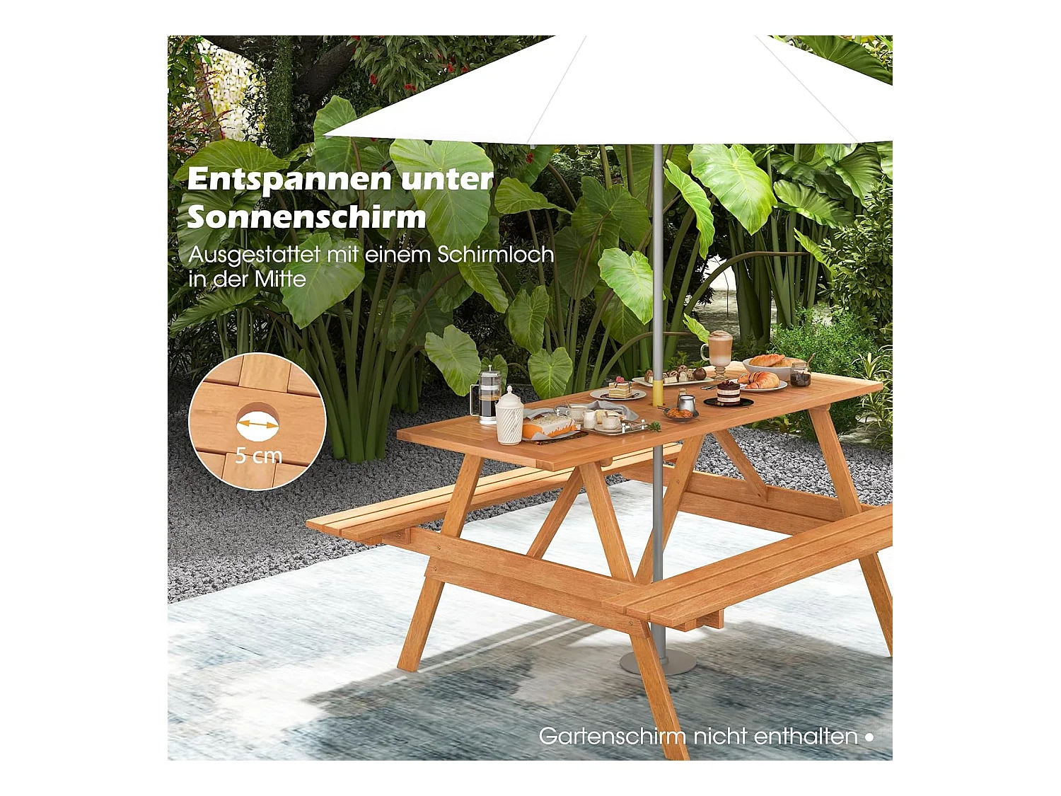 Picknicktafel voor 6 personen, rechthoekige tuintafel met 2 geïntegreerde banken en parasolgat, zitgroep voor achtertuin, terras