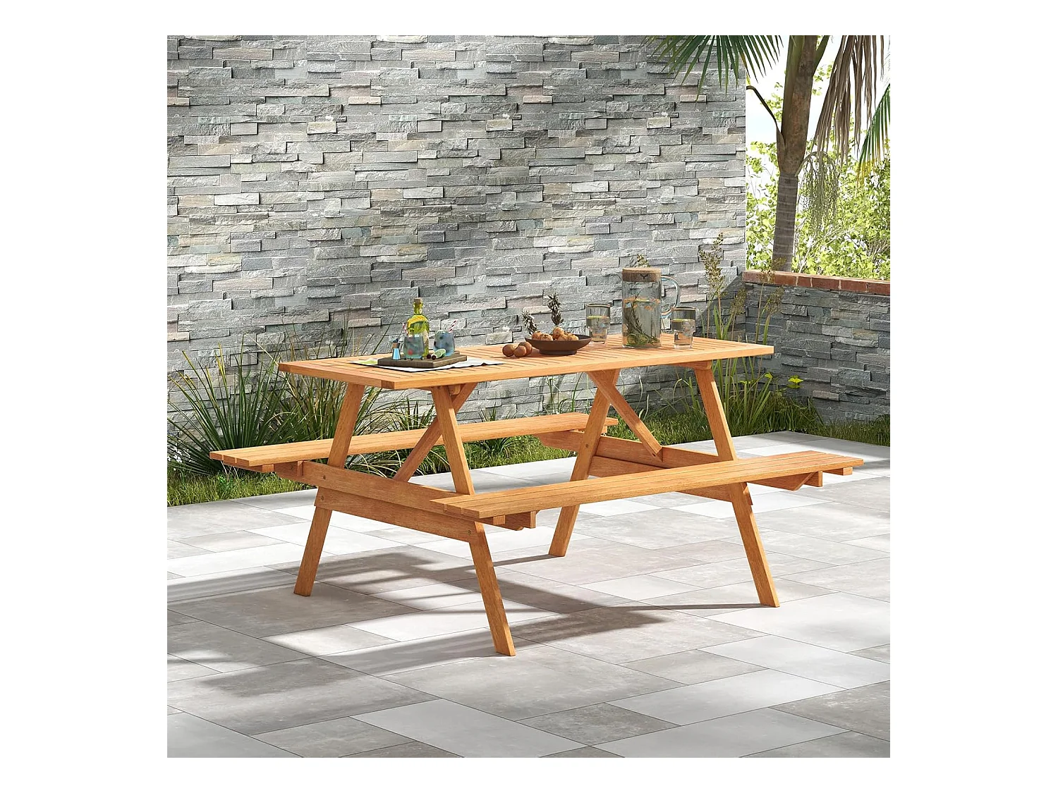 Picknicktafel voor 6 personen, rechthoekige tuintafel met 2 geïntegreerde banken en parasolgat, zitgroep voor achtertuin, terras