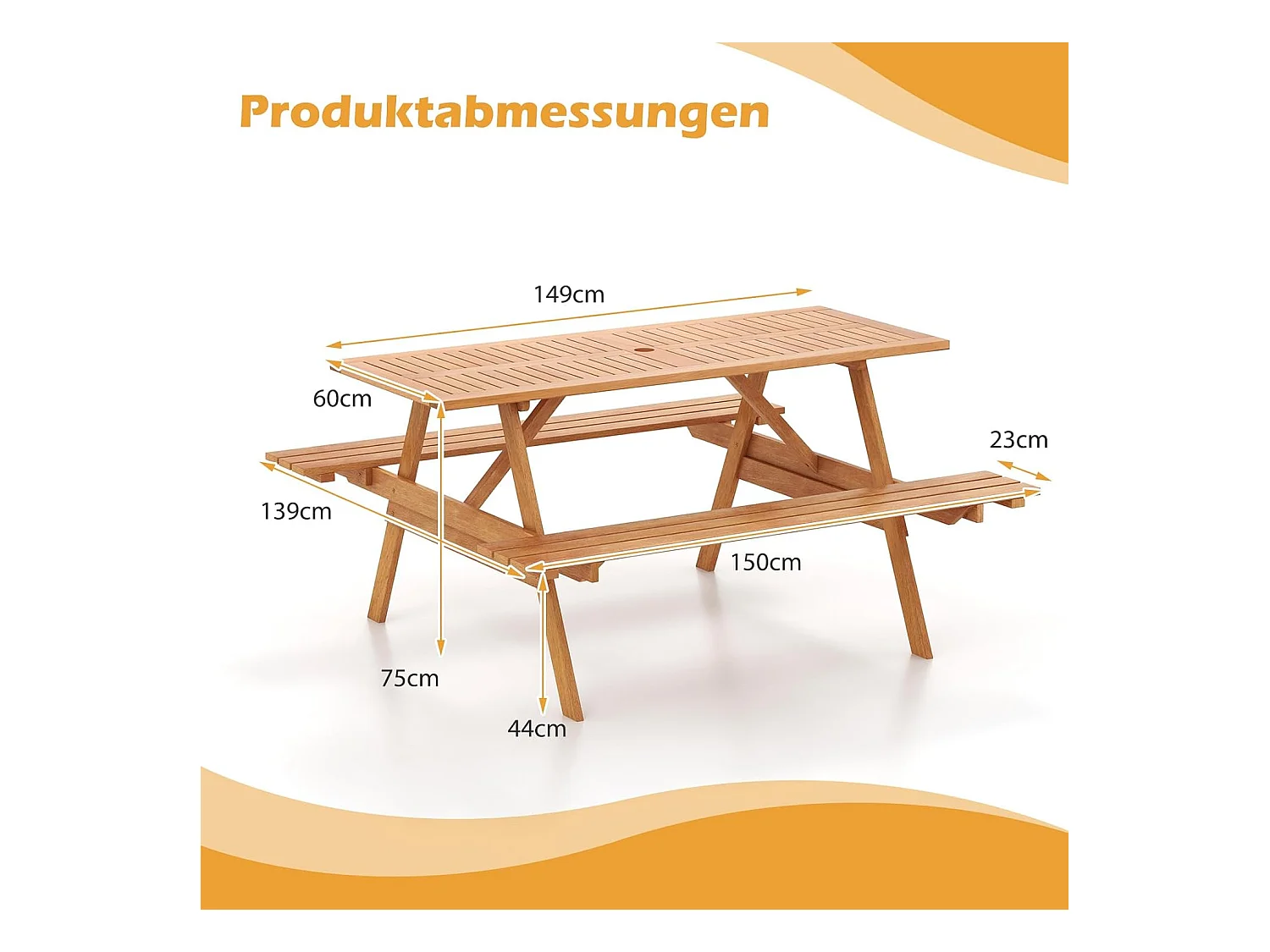 Picknicktafel voor 6 personen, rechthoekige tuintafel met 2 geïntegreerde banken en parasolgat, zitgroep voor achtertuin, terras