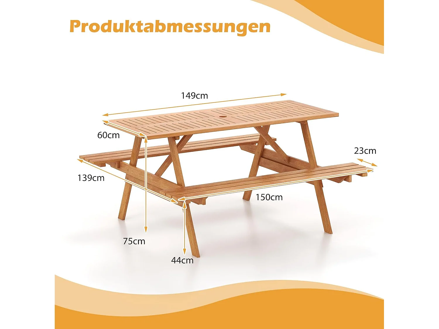 Picknicktafel voor 6 personen, rechthoekige tuintafel met 2 geïntegreerde banken en parasolgat, zitgroep voor achtertuin, terras