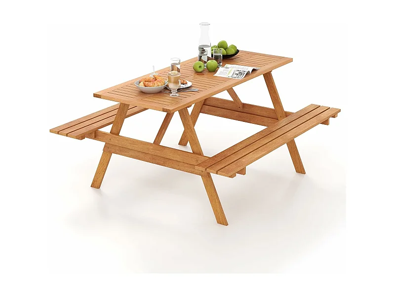 Picknicktafel voor 6 personen, rechthoekige tuintafel met 2 geïntegreerde banken en parasolgat, zitgroep voor achtertuin, terras