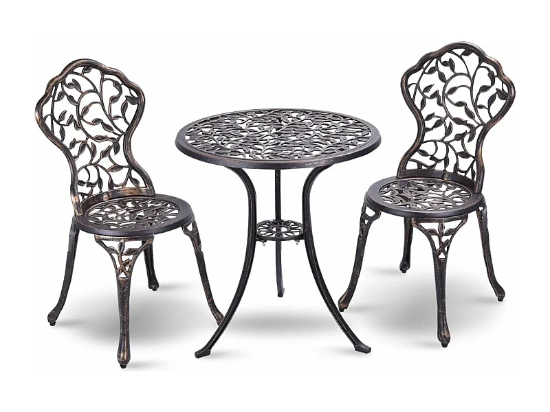 3-Delige tuinmeubelset, bistroset, gegoten bladpatroon antieke buiten tuin tuinmeubilair, weerbestendig tuin ronde tafel en stoelen (Bruin)