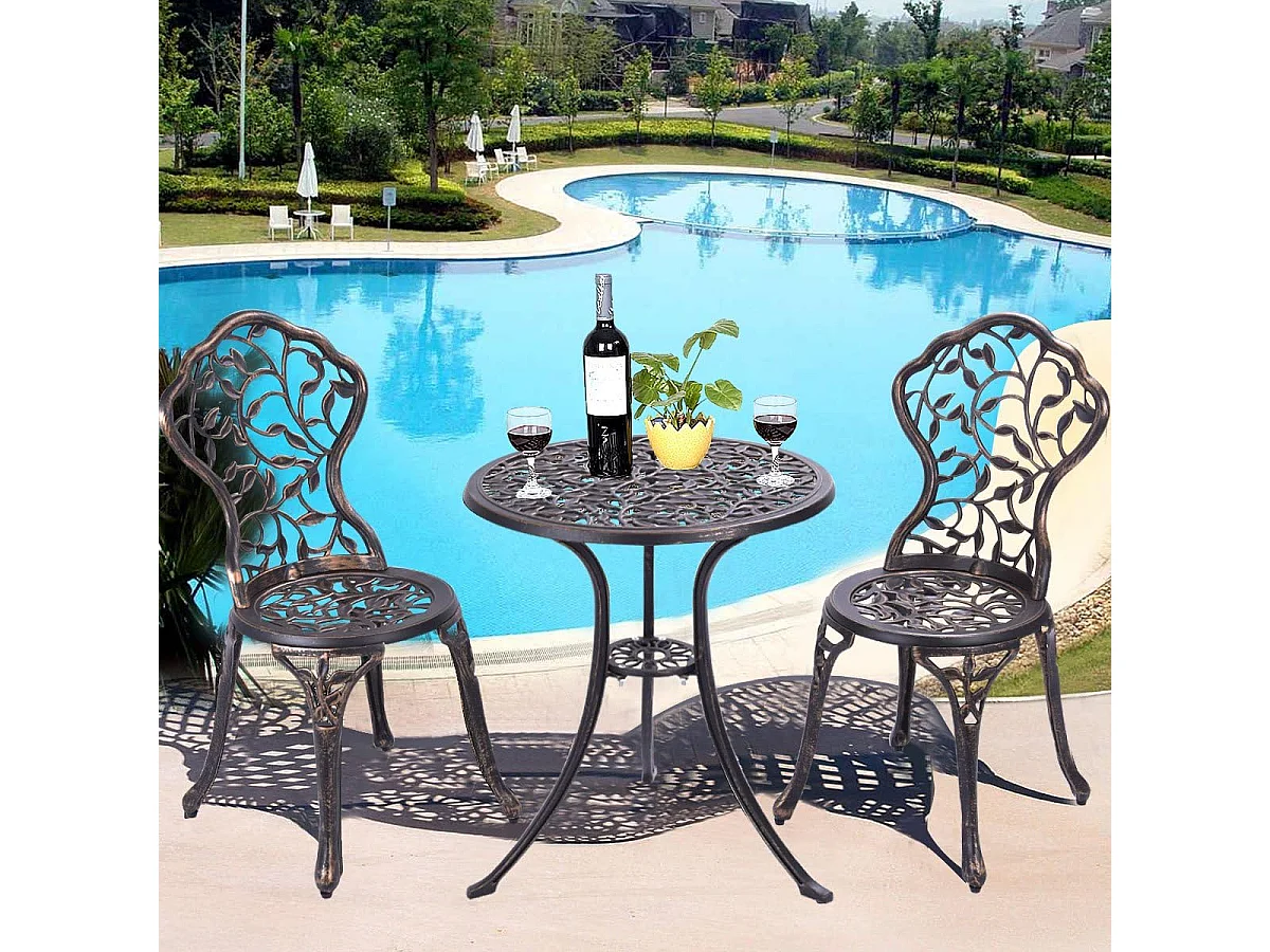 3-Delige tuinmeubelset, bistroset, gegoten bladpatroon antieke buiten tuin tuinmeubilair, weerbestendig tuin ronde tafel en stoelen (Bruin)