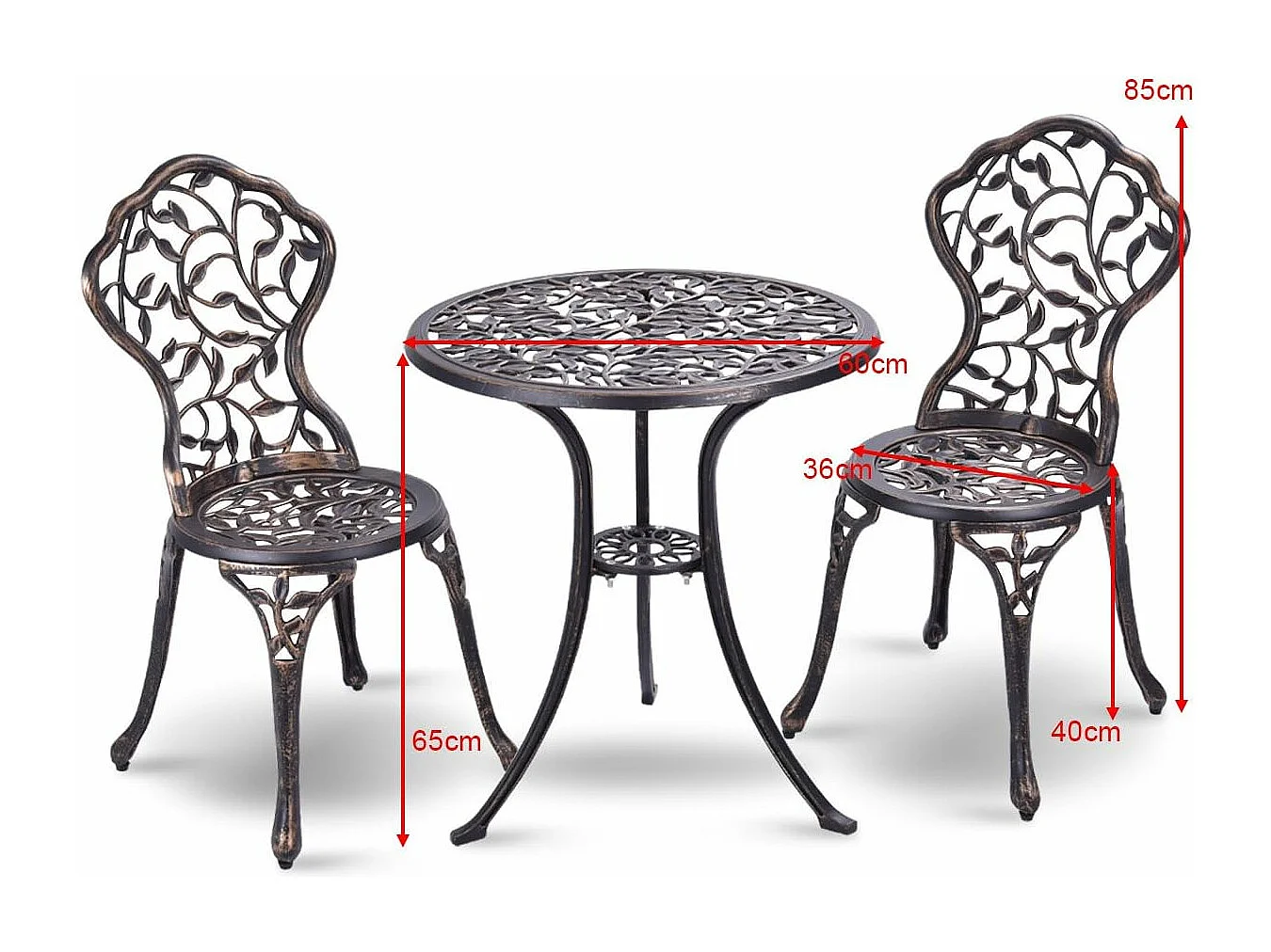 3-Delige tuinmeubelset, bistroset, gegoten bladpatroon antieke buiten tuin tuinmeubilair, weerbestendig tuin ronde tafel en stoelen (Bruin)