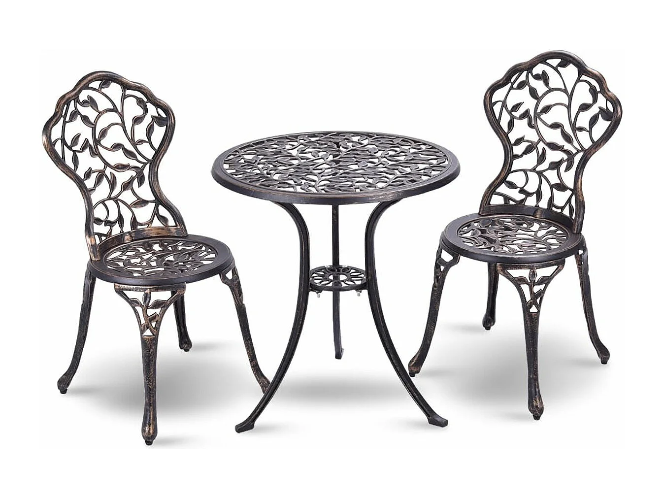 3-Delige tuinmeubelset, bistroset, gegoten bladpatroon antieke buiten tuin tuinmeubilair, weerbestendig tuin ronde tafel en stoelen (Bruin)