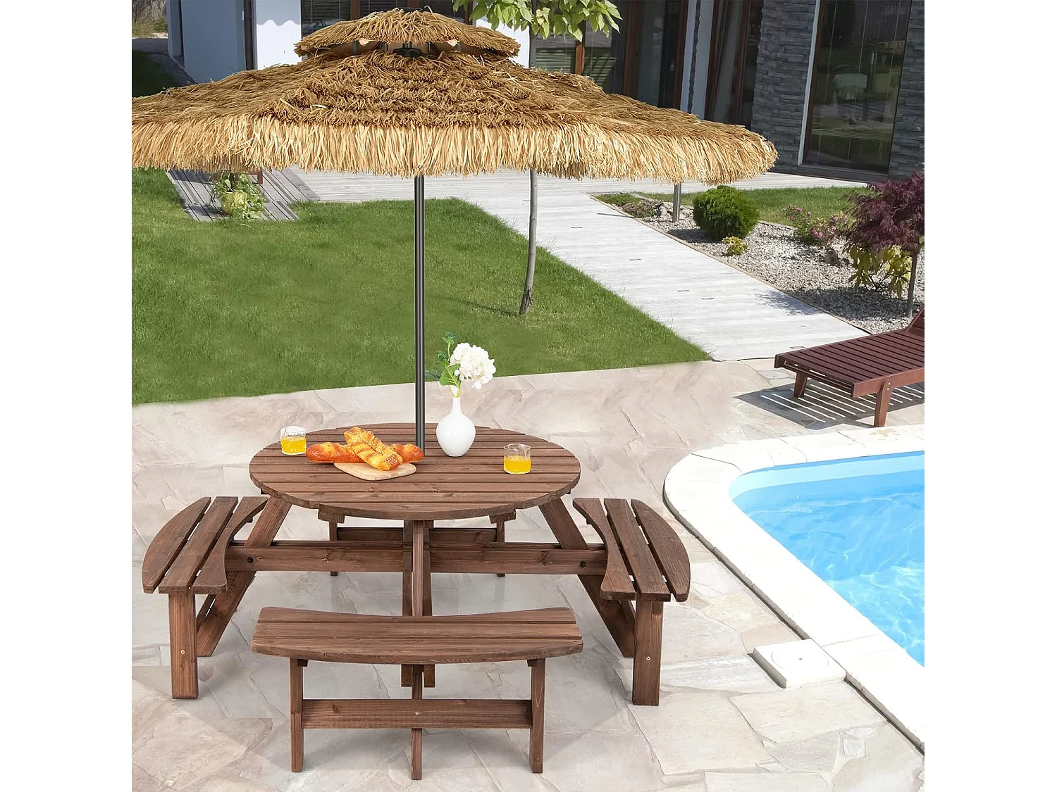 Picknicktafelset voor 8 personen, tuintafel van massief hout met parasolgat en 4 banken, terrasmeubels, tuinmeubelen, zitgroep voor tuin, terras